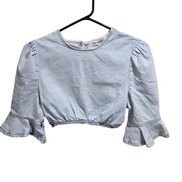 Who What Wear Tops - Who What Wear Light Wash Denim Crop Top Peplum Sleeves Small